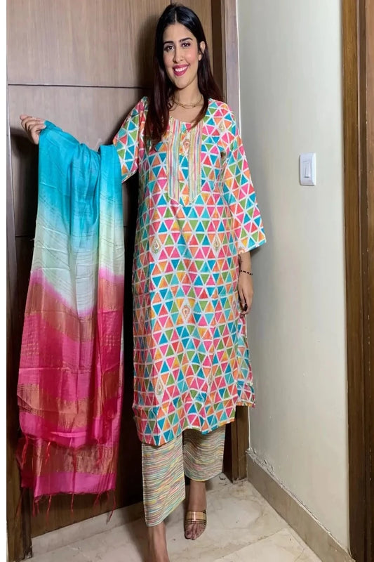 Muslin Printed kurta Set With Duppatta In Multi-spendworthclothing-Color_Multi,Cotton-Suits-sets,cottonsuit sets,Item Type_Cotton Suits Sets,Item Type_Plazo Suits,Kurta Sets,Plazo-Suits,printed,SUIT SET,SUIT-SETS