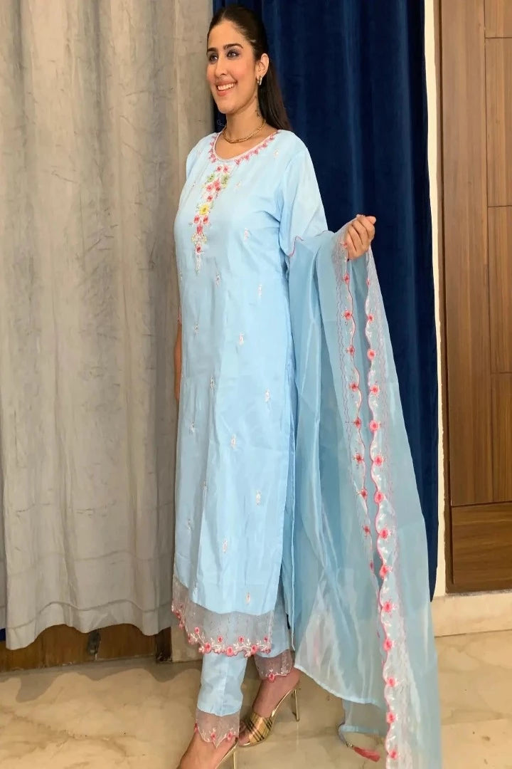 Silk Partywear Kurta Set With Beautiful Duppatta in Sky Blue-spendworthclothing-Color_Blue/Sky Blue,Color_Sky Blue,Cotton-Suits-sets,cottonsuit sets,embroidered,Embroidery,Item Type_Cotton Suits Sets,Item Type_Plazo Suits,Material_Organza,Material_Silk,multy embroidered,Plazo-Suits,SUIT SET,SUIT-SETS