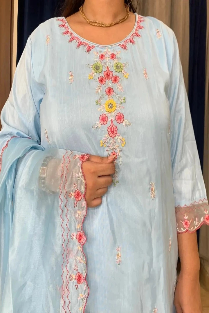 Silk Partywear Kurta Set With Beautiful Duppatta in Sky Blue-spendworthclothing-Color_Blue/Sky Blue,Color_Sky Blue,Cotton-Suits-sets,cottonsuit sets,embroidered,Embroidery,Item Type_Cotton Suits Sets,Item Type_Plazo Suits,Material_Organza,Material_Silk,multy embroidered,Plazo-Suits,SUIT SET,SUIT-SETS