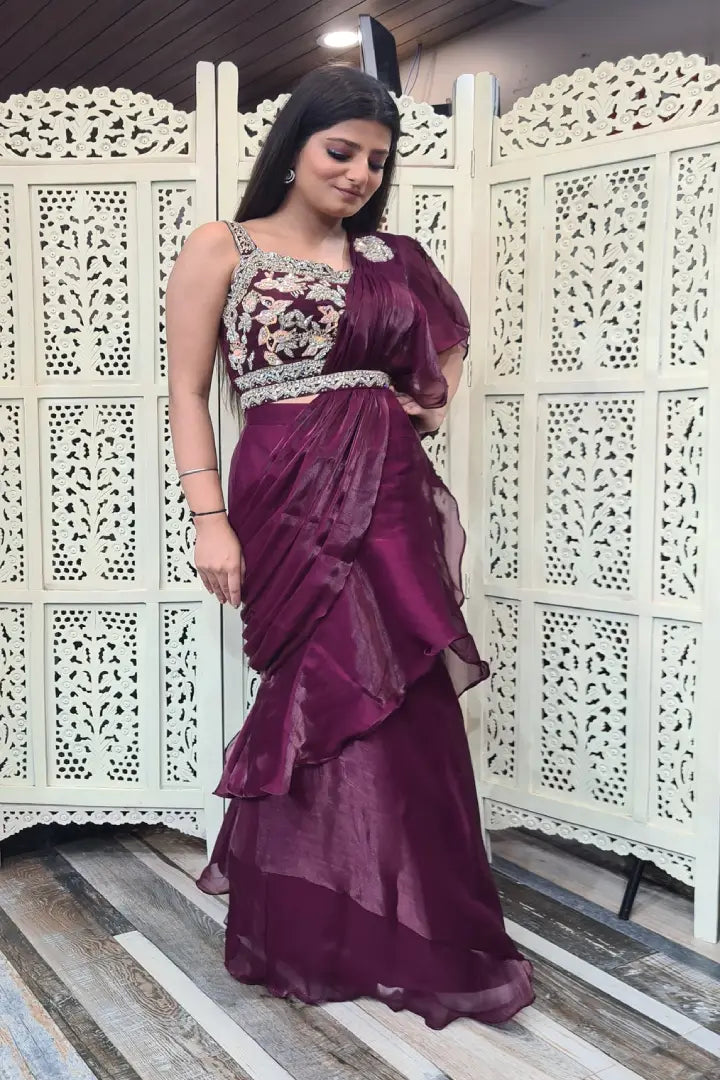 Designer Top Ready To Wear Drape Saree In Wine – Spend Worth Clothing