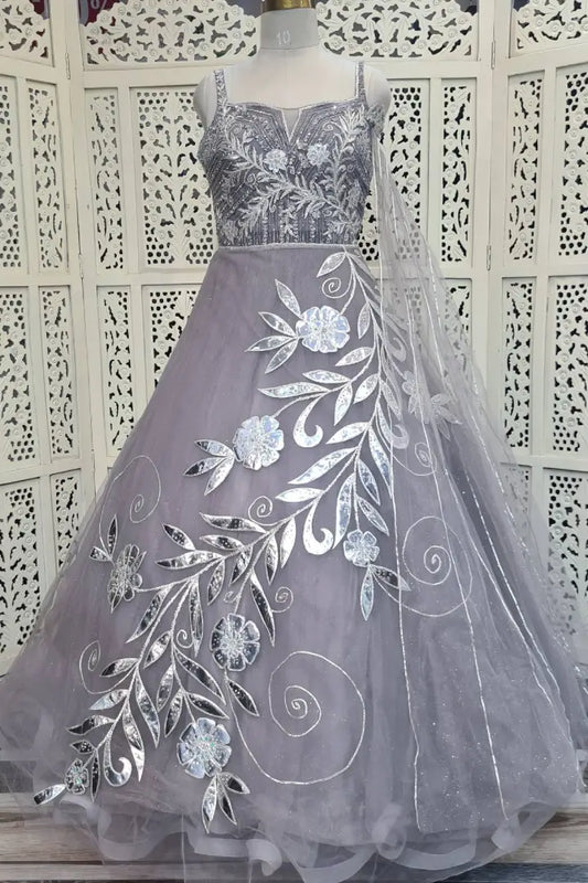 Leather Work Patch Work Embroidery Barbie Gown In Grey