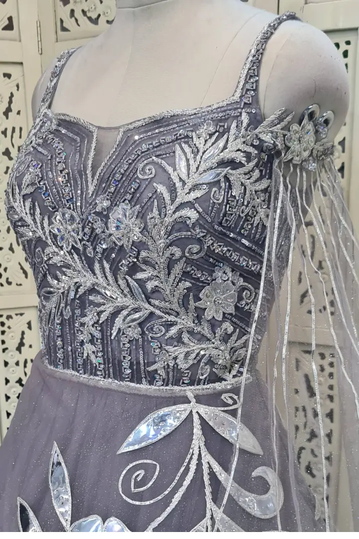 Leather Work Patch Work Embroidery Barbie Gown In Grey