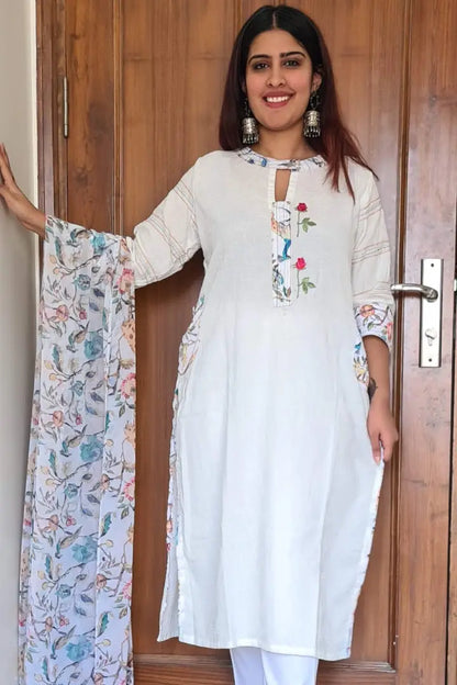 Designer Kurta Set With Printed Duppatta in White