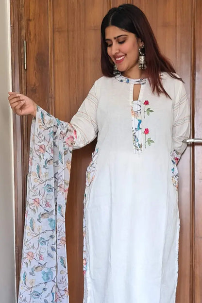 Designer Kurta Set With Printed Duppatta in White