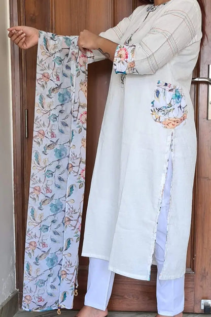 Designer Kurta Set With Printed Duppatta in White