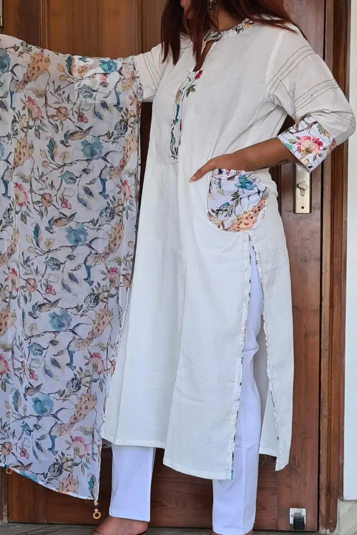 Designer Kurta Set With Printed Duppatta in White