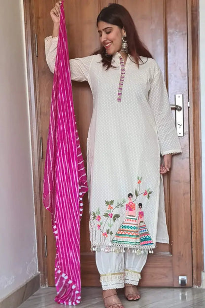 Straight Cotton Kurta Set With Duppatta in Off White