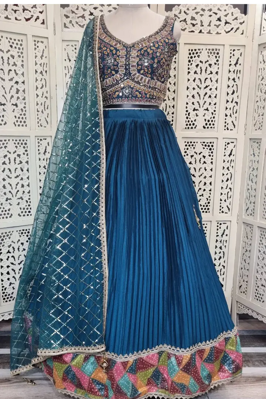 Mirror Work Embellished Chinon Lehenga Choli In Blue