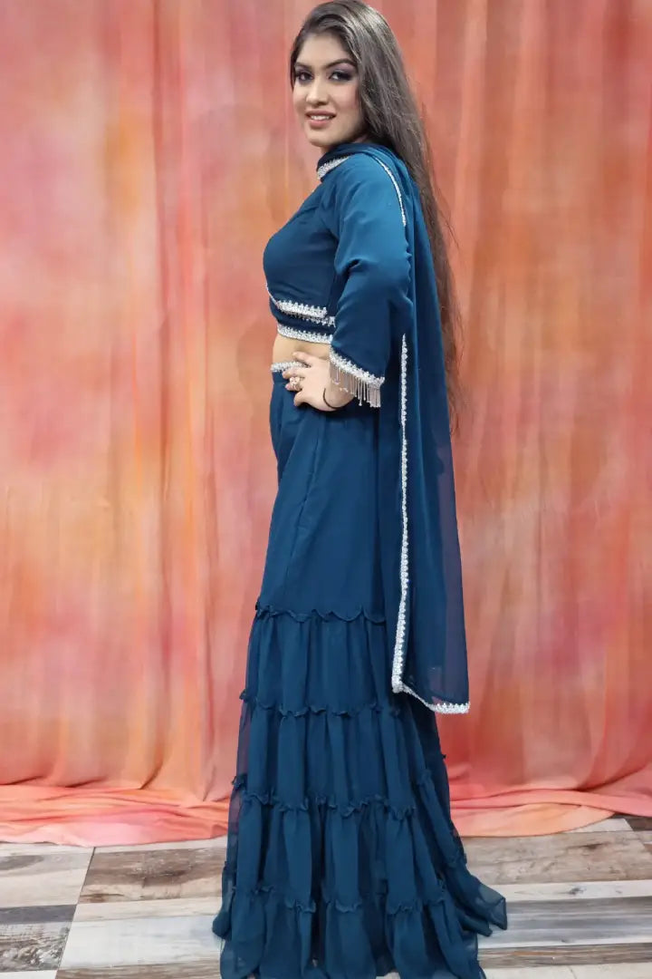 Crop Top Sharara Dress In Blue