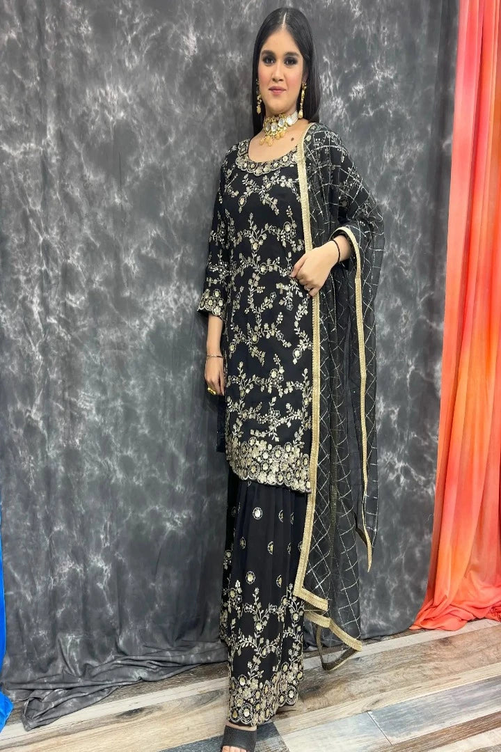 Straight Embroidered Partywear Sharara Suit In Black