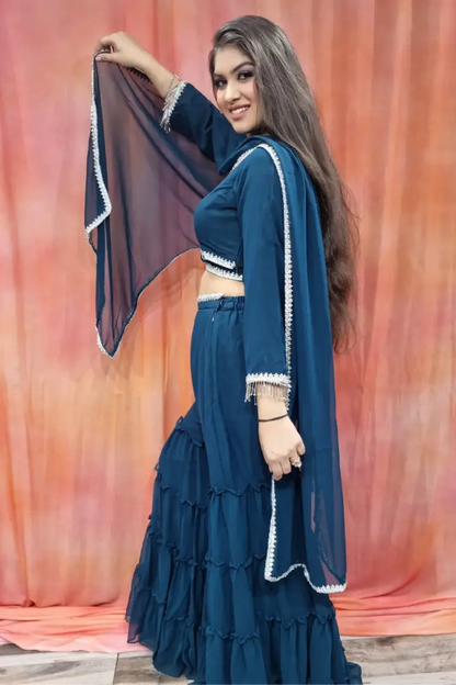 Crop Top Sharara Dress In Blue