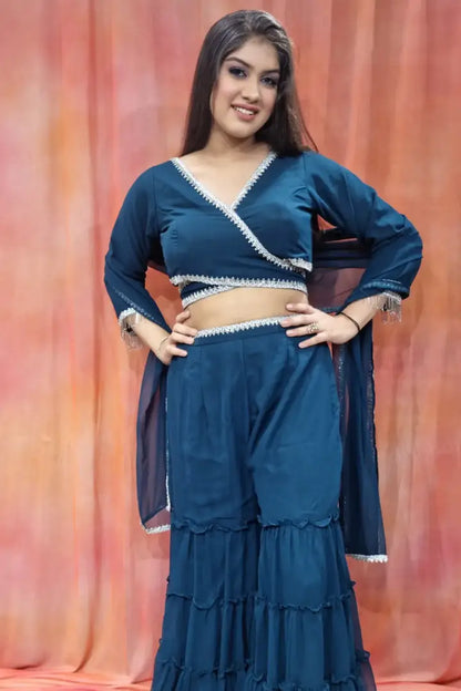 Crop Top Sharara Dress In Blue