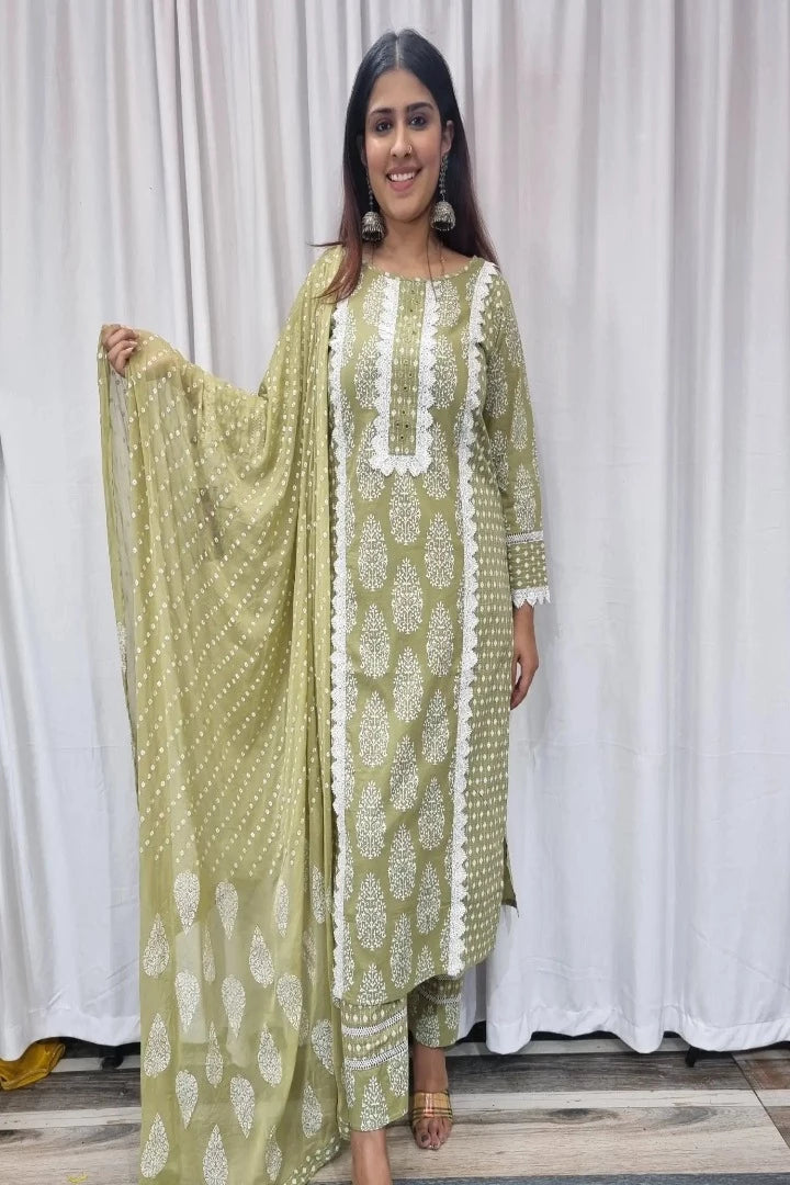 Straight Pakistani Cotton Suit Set With Duppatta in Olive-spendworthclothing-Color_Green,Color_Pista Green,Cotton-Suits-sets,Free-Shipping,Item Type_Cotton Suits Sets,Item Type_Plazo Suits,olive green,pakistani style,Plazo-Suits,Speedy-Deliveries,SUIT SET,SUIT-SETS
