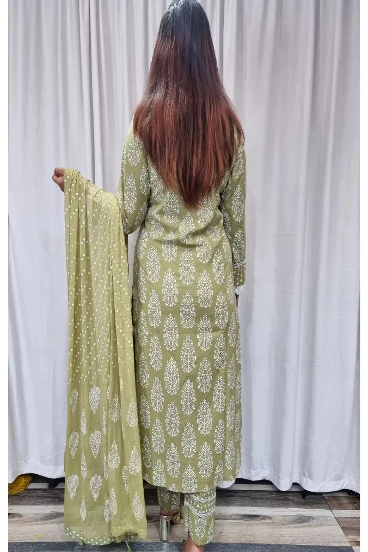 Straight Pakistani Cotton Suit Set With Duppatta in Olive-spendworthclothing-Color_Green,Color_Pista Green,Cotton-Suits-sets,Free-Shipping,Item Type_Cotton Suits Sets,Item Type_Plazo Suits,olive green,pakistani style,Plazo-Suits,Speedy-Deliveries,SUIT SET,SUIT-SETS