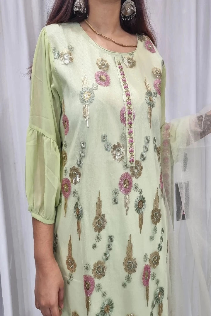 Straight Partywear Kurta Set With Duppatta In Pista Green-spendworthclothing-Color_Green,Color_Multi,Color_Pista Green,Cotton-Suits-sets,cottonsuit sets,Item Type_Cotton Suits Sets,Item Type_Plazo Suits,Kurta Sets,multy embroidered,Plazo-Suits,SUIT SET,SUIT-SETS