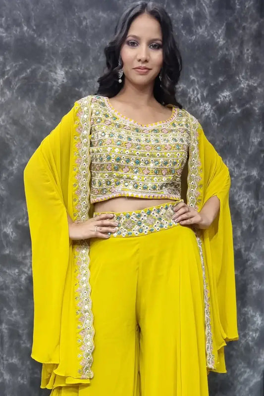 Crop Top Sharara with Shrug Dress In Yellow