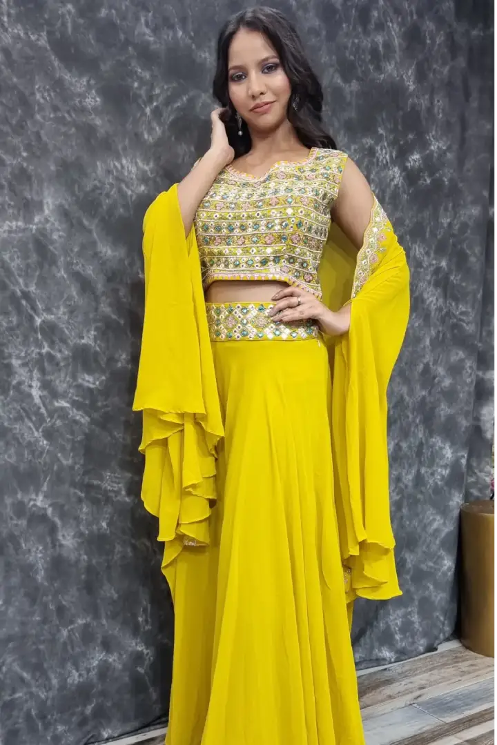 Crop Top Sharara with Shrug Dress In Yellow