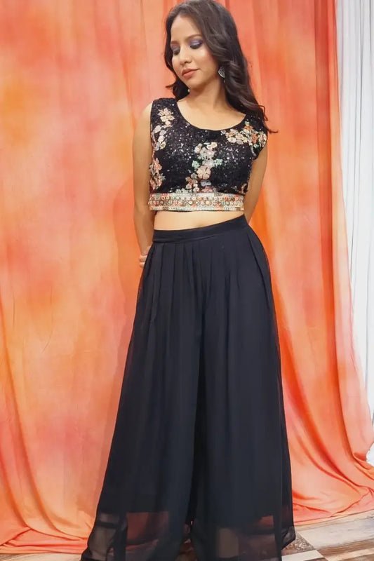 Crop Top Sharara Dress With Designer Neck Sleeves In Black