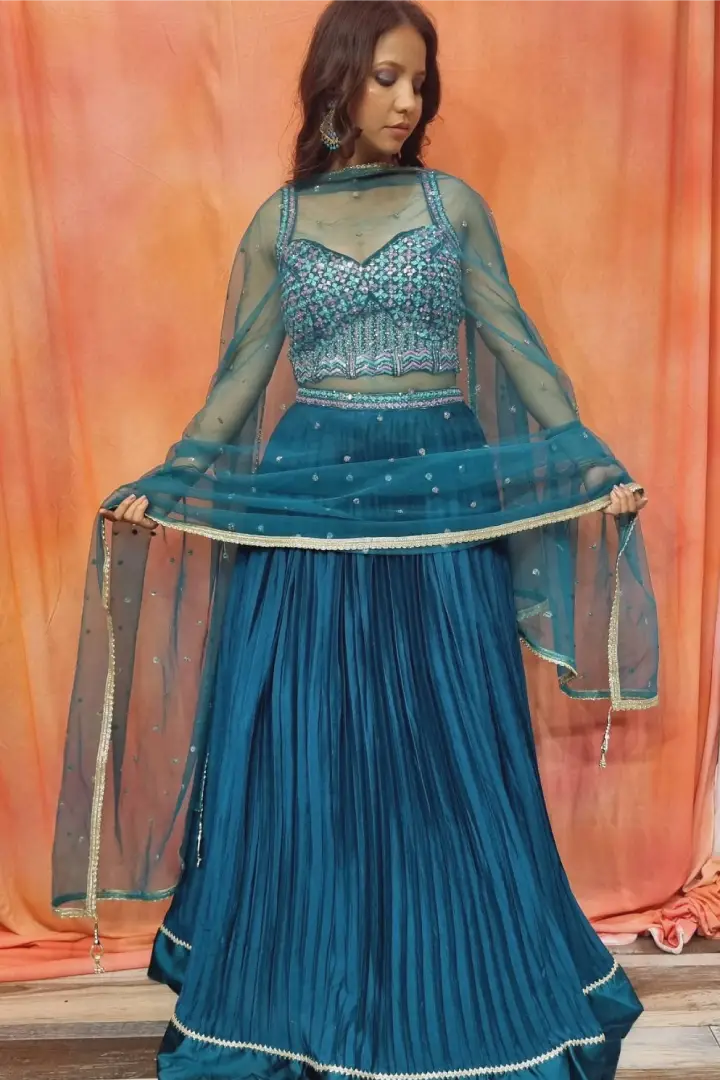 Partywear Multi Embroidered Mirror Work Silk Lehenga Choli In Peacock Blue