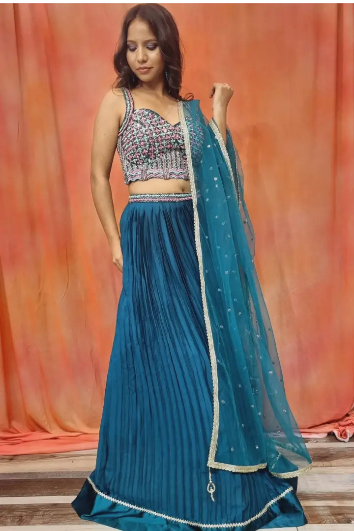 Partywear Multi Embroidered Mirror Work Silk Lehenga Choli In Peacock Blue
