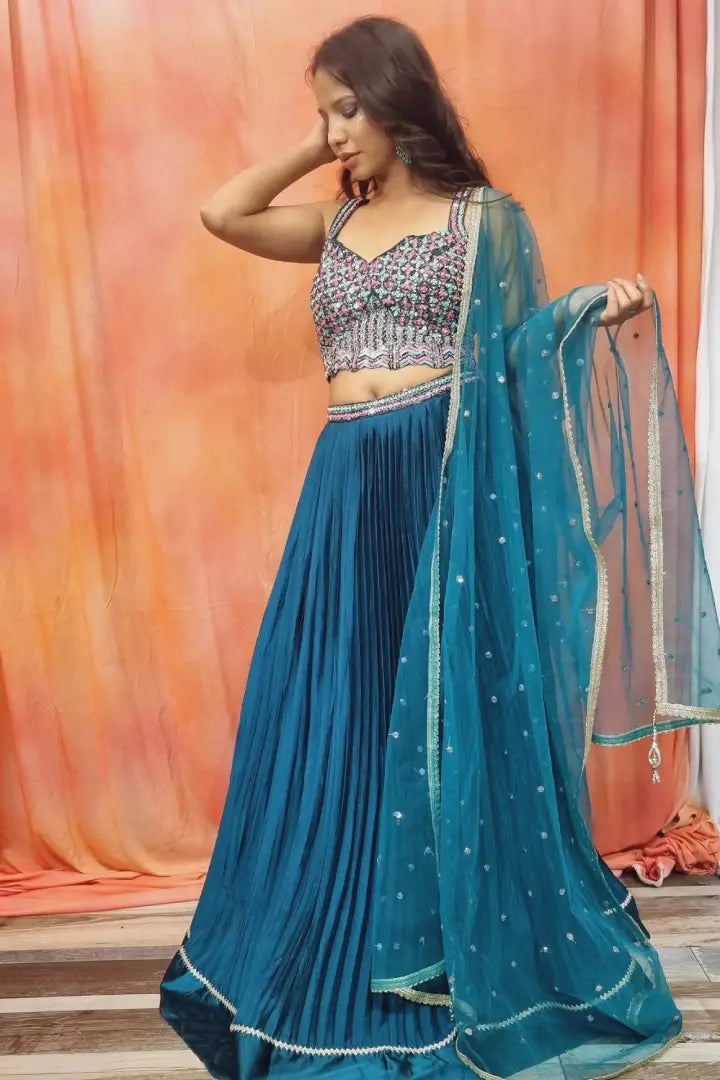 Partywear Multi Embroidered Mirror Work Silk Lehenga Choli In Peacock Blue