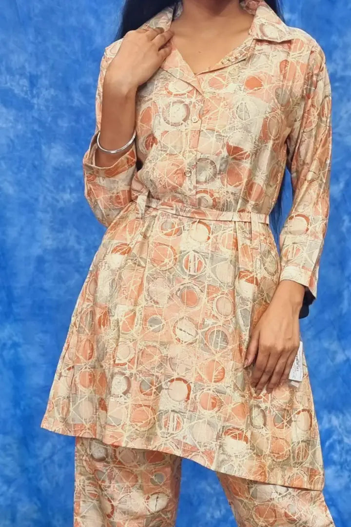 Printed Frock Style Cord Set In peach