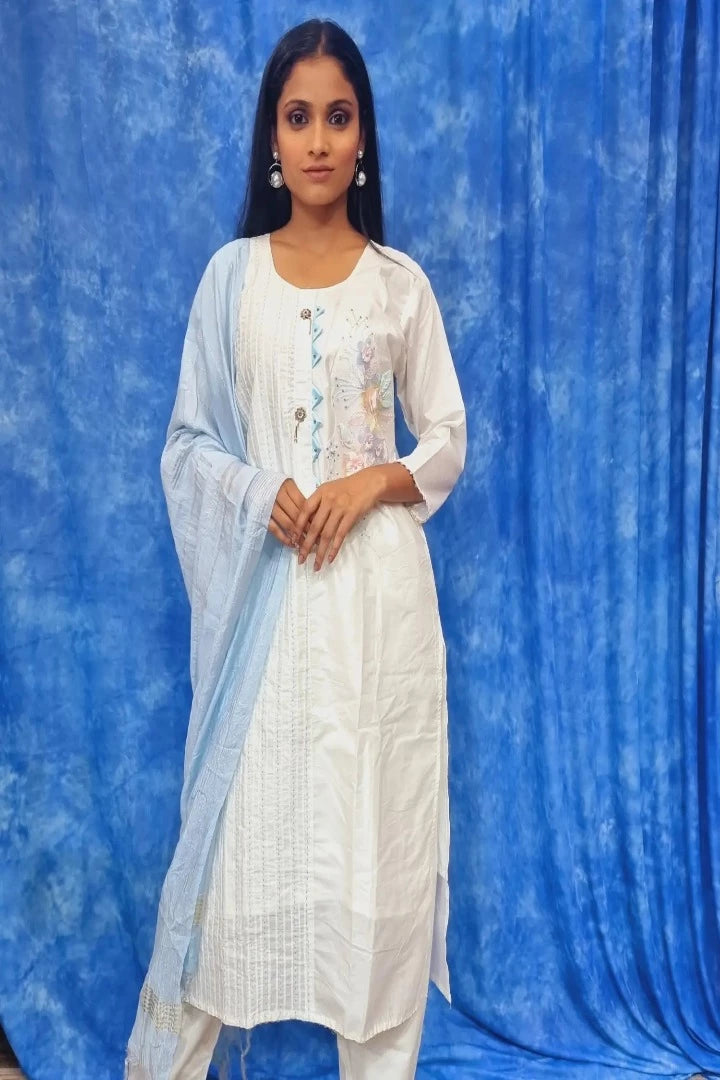 Straight Silk Embroidered Kurta set With Contrast Duppatta-spendworthclothing-Color_Off White,Color_White,contrast,contrasted,Cotton-Suits-sets,embroidered,Embroidery,Item Type_Cotton Suits Sets,Item Type_Plazo Suits,Kurta Sets,Plazo-Suits,SUIT SET,SUIT-SETS