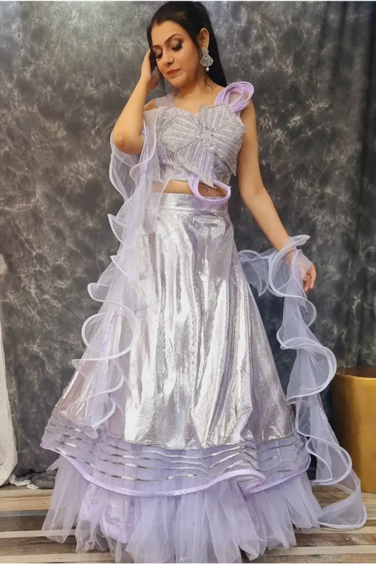 Partywear Designer Crop Top Skirt In Ruffles In lavender