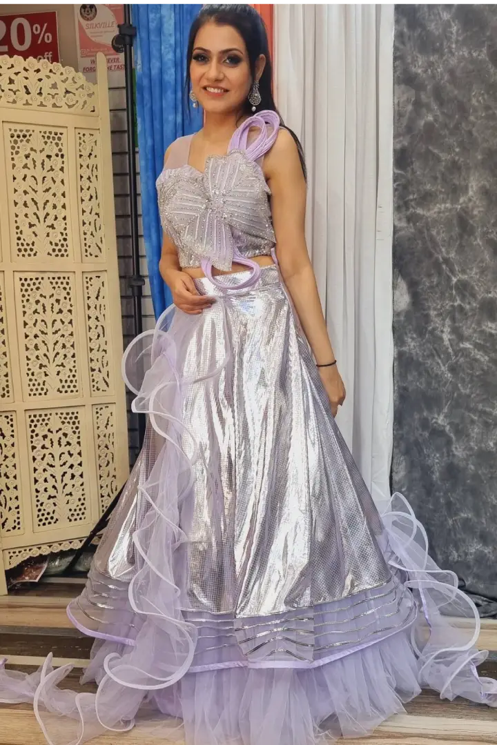 Partywear Designer Crop Top Skirt In Ruffles In lavender