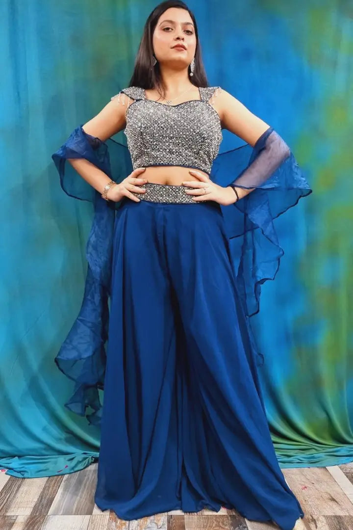Crop Top Sharara Partwear Dress in Blue