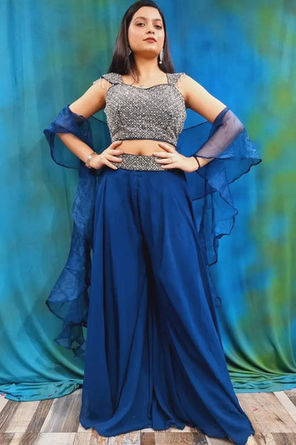 Crop Top Sharara Partwear Dress in Blue