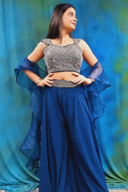 Crop Top Sharara Partwear Dress in Blue