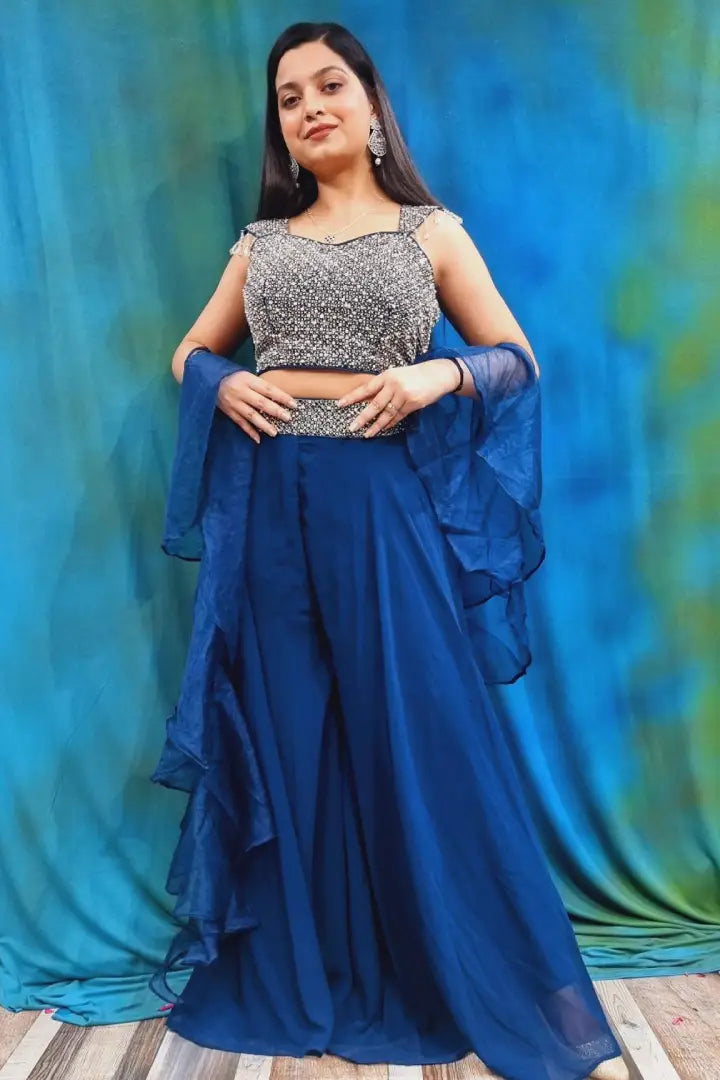 Crop Top Sharara Partwear Dress in Blue