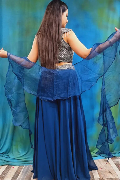 Crop Top Sharara Partwear Dress in Blue