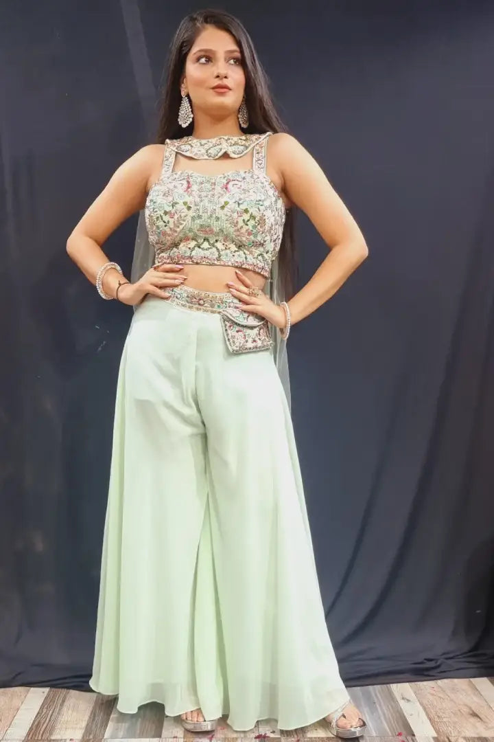 Green Georgette Readymade suit with ogee embroidered crop top, sequin work  bell sleeve tie-up long shrug & sharara pants