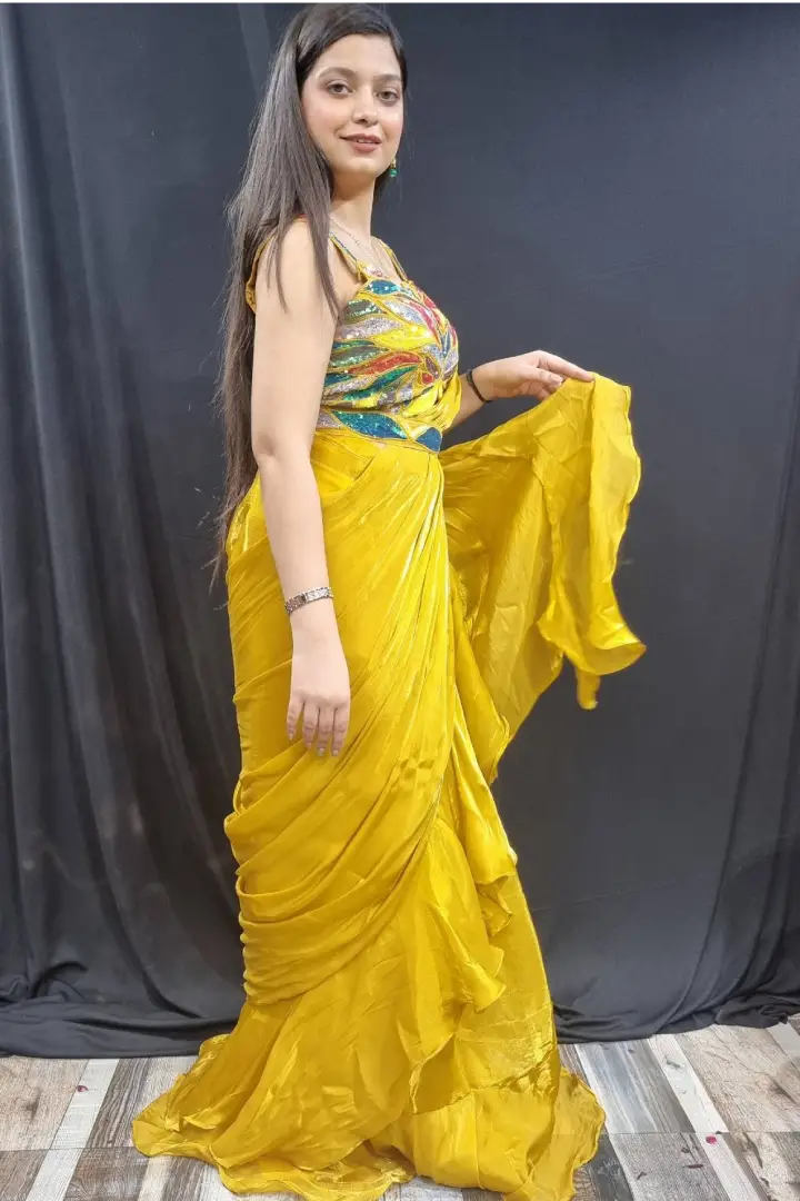 Designer Multi Embroidered Ready To Wear Saree in Mustard yellow