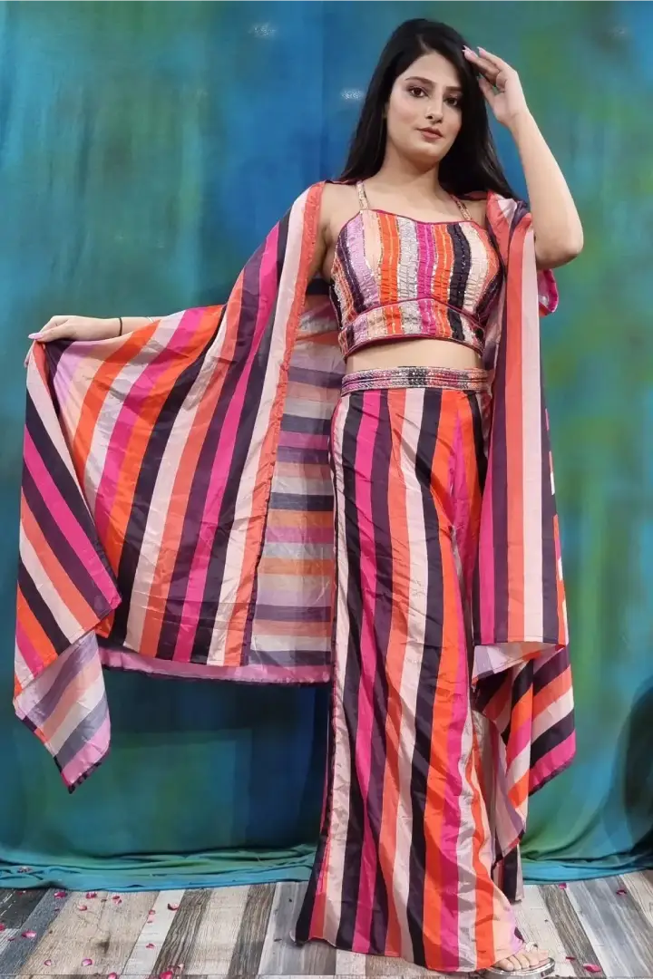 Striped Printed Partywear Crop Top Sharara With Shrug In Multi