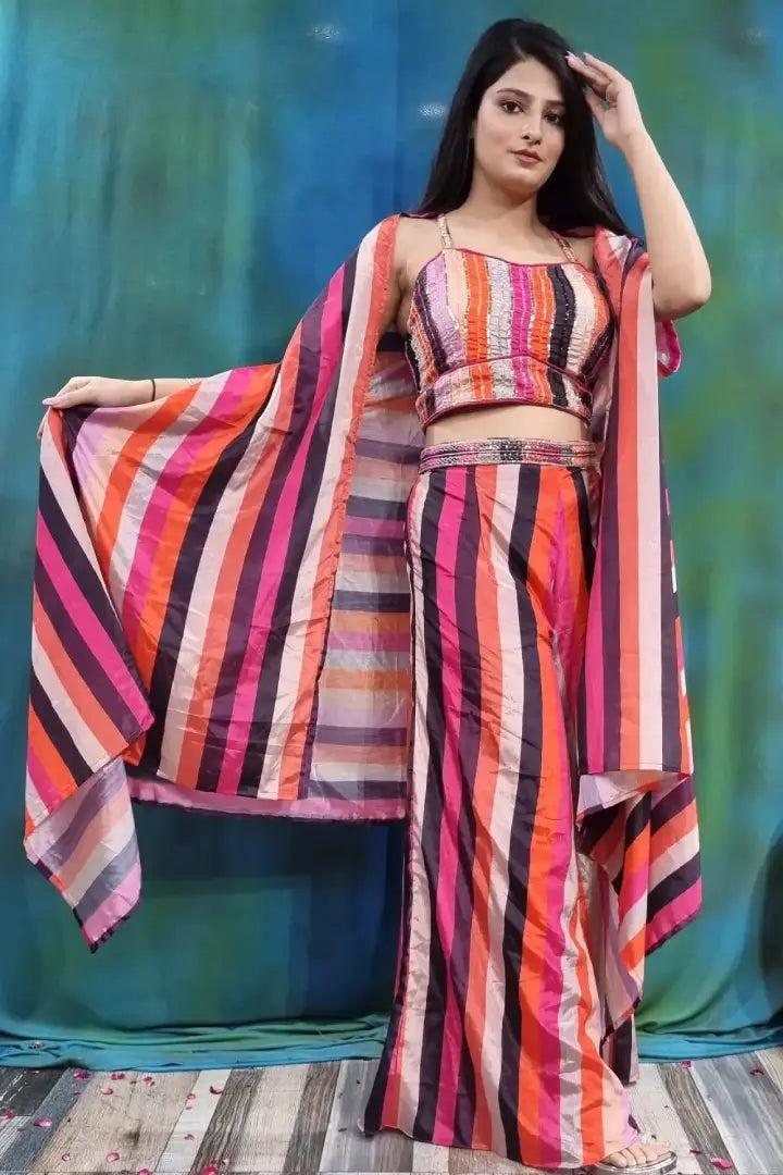 Striped Printed Partywear Crop Top Sharara With Shrug In Multi