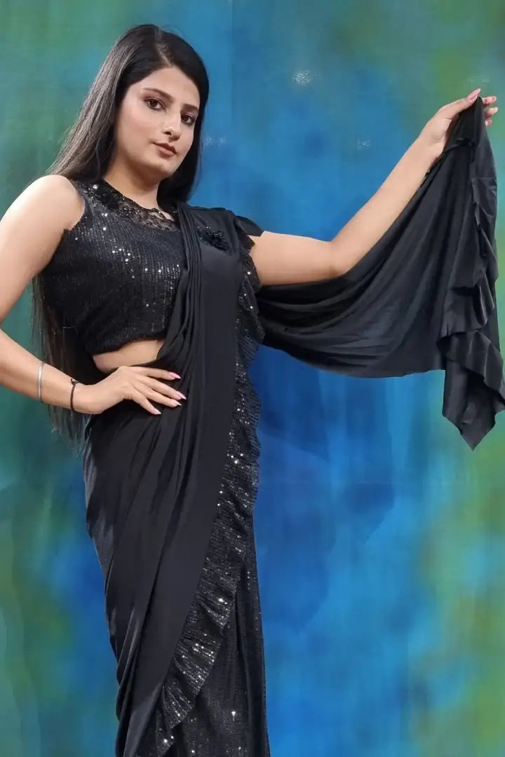 Stunning Black Designer Ready to Wear Saree with Ruffles for Sangeet and  Reception