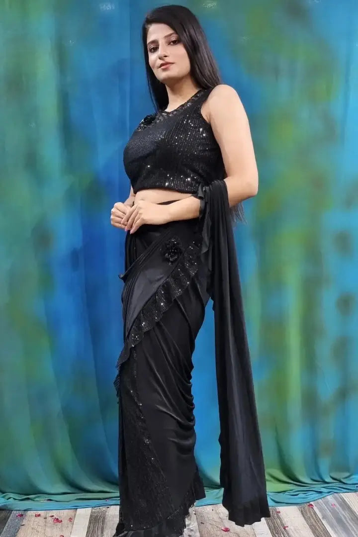 Ready To Wear Sequence Work Drape Saree In Black