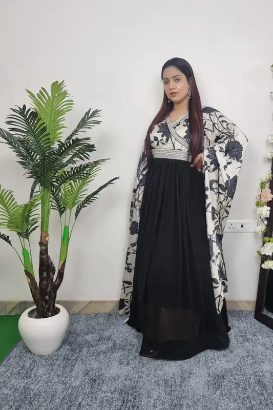 Angrakha Style Designer Gown With Long Sleeves in Black and White