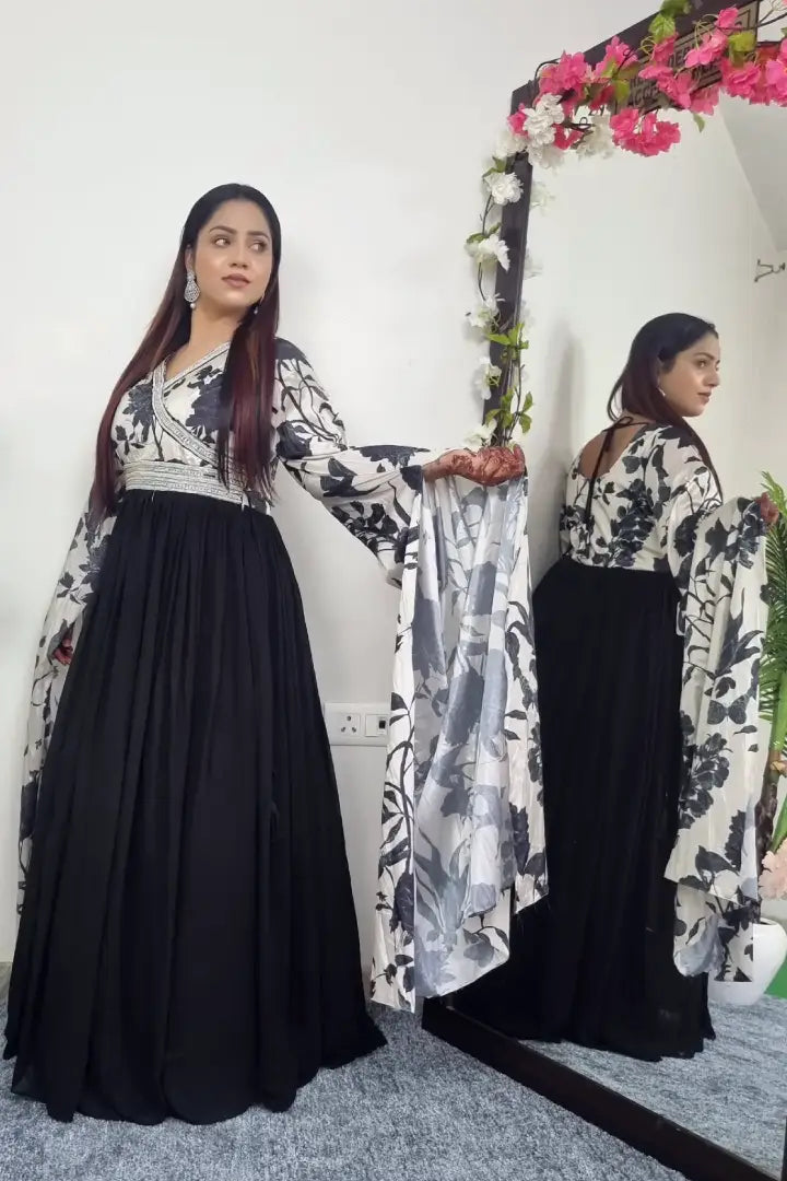 Angrakha Style Designer Gown With Long Sleeves in Black and White