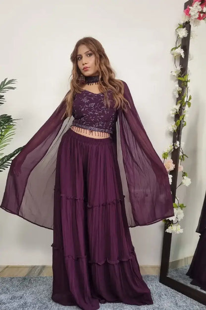 Crop Top Sharara With Designer Neck Duppatta In Wine