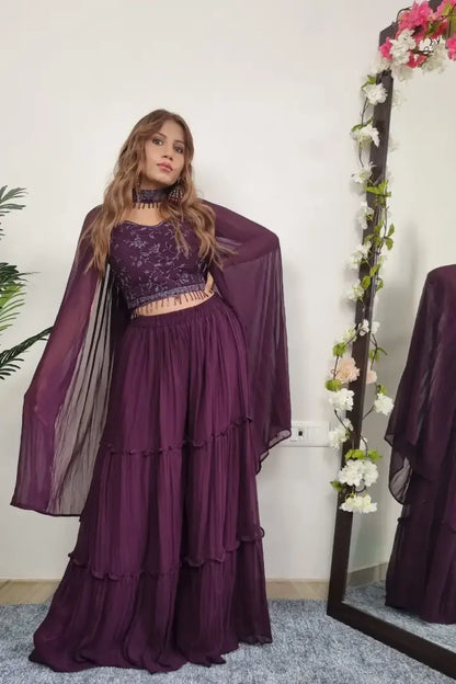 Crop Top Sharara With Designer Neck Duppatta In Wine