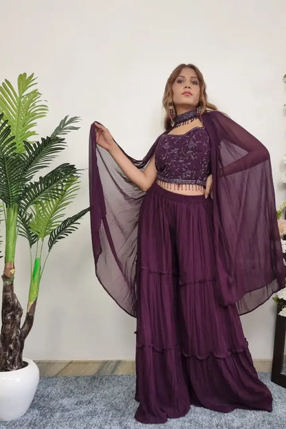 Crop Top Sharara With Designer Neck Duppatta In Wine