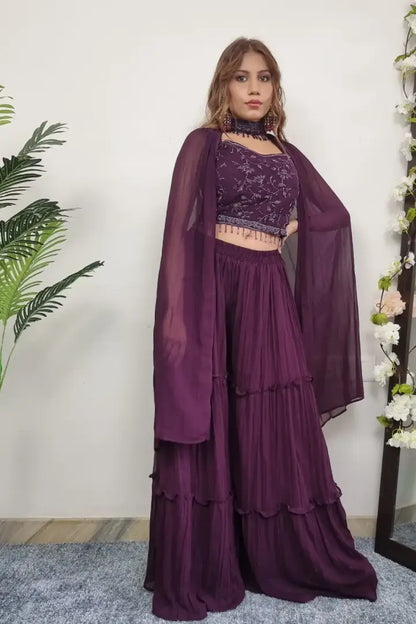 Crop Top Sharara With Designer Neck Duppatta In Wine