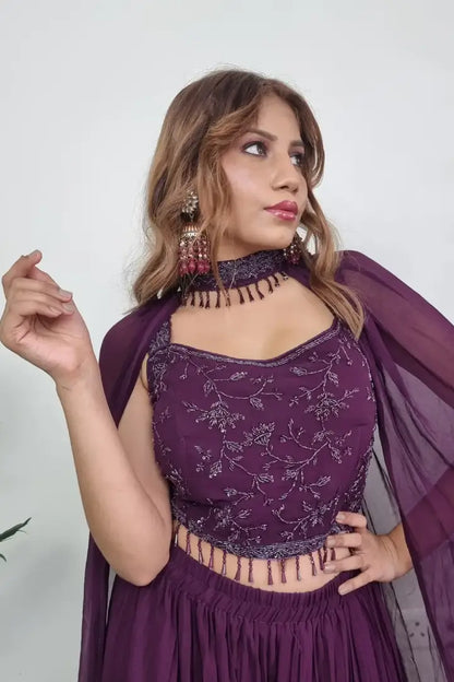 Crop Top Sharara With Designer Neck Duppatta In Wine