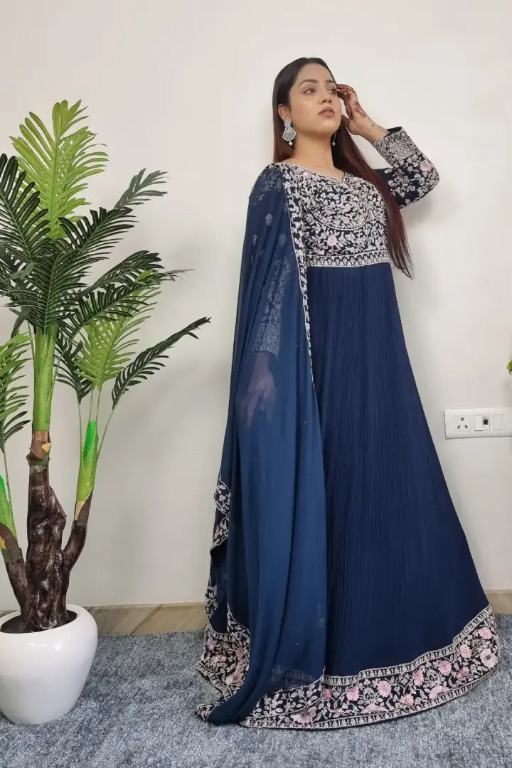 Embroidered Anarkali Gown With Duppatta In Blue