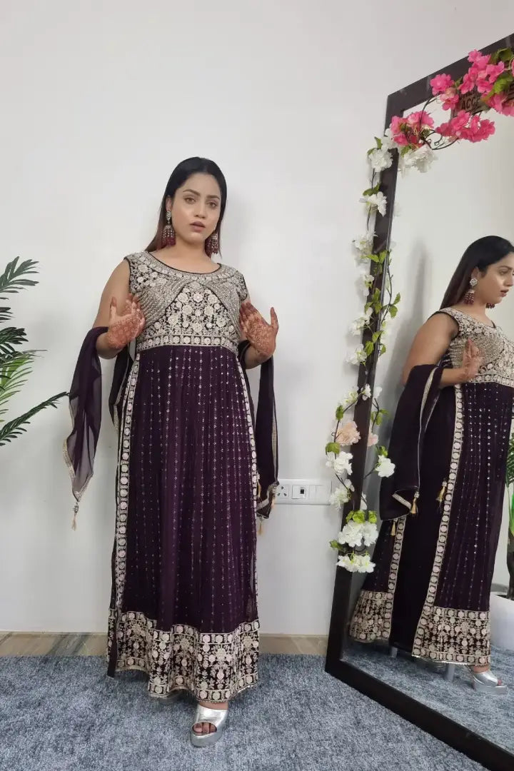 Thread Work Embroidered Nayra Suit Set In Wine