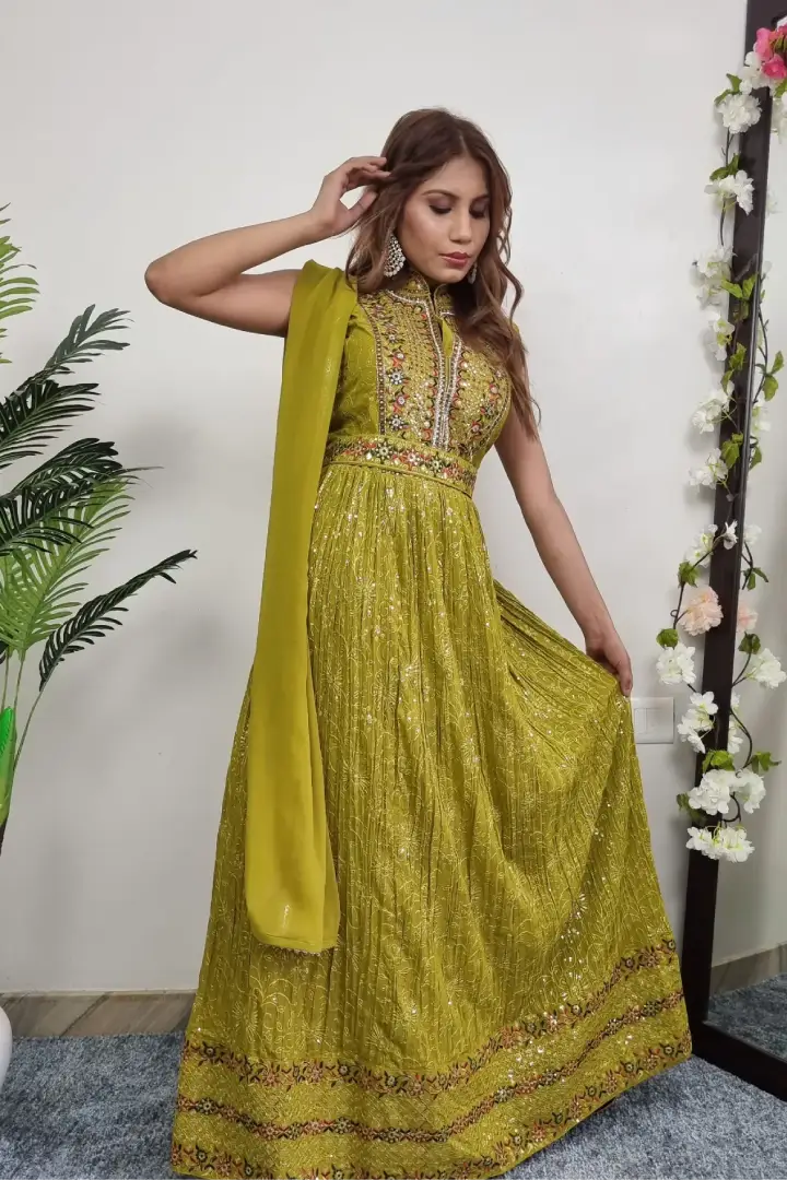 Thread Work Embroidered Anarkali Suit In Parrot